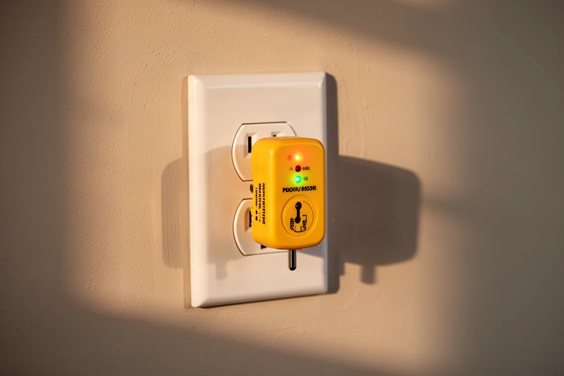 Plug-in outlet tester transmitter inserted into a household wall outlet