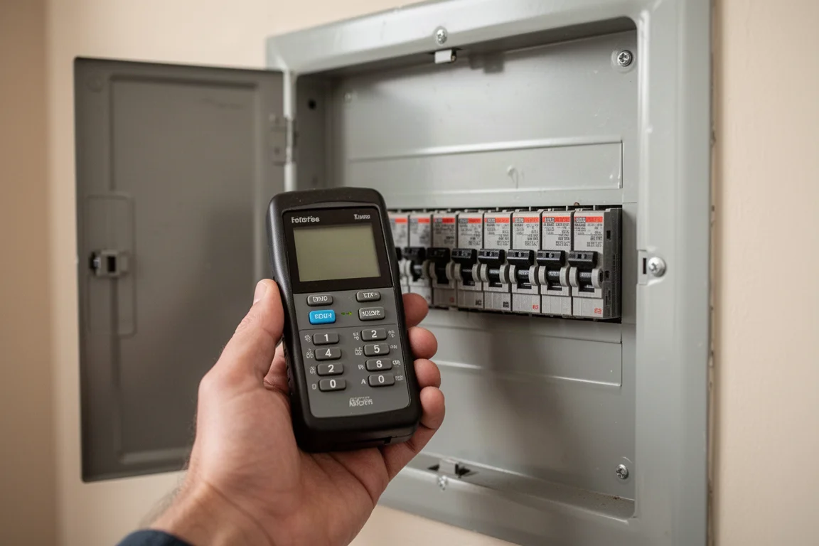 Handheld receiver scanned across a row of breakers in an open panel
