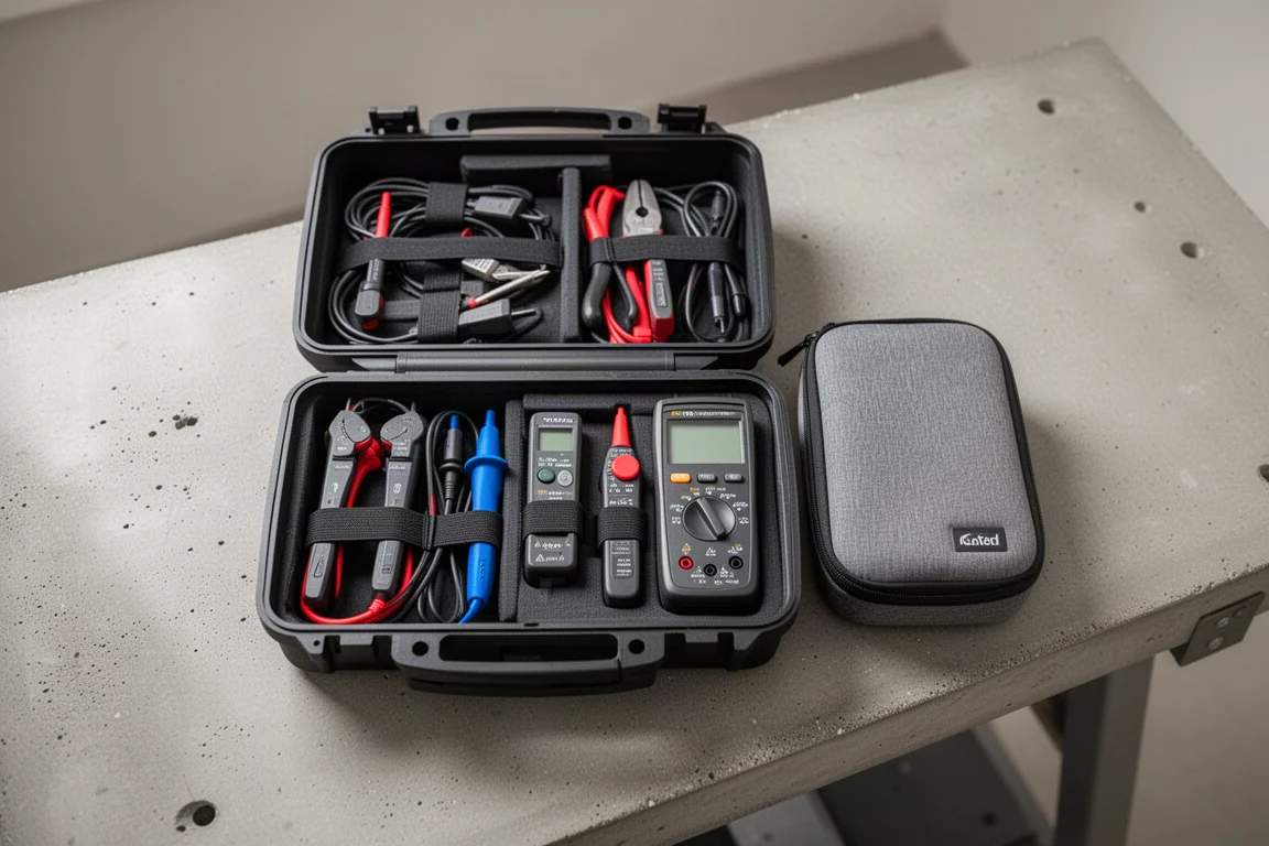 Well-organized tool case with electrical testing gear on a workbench