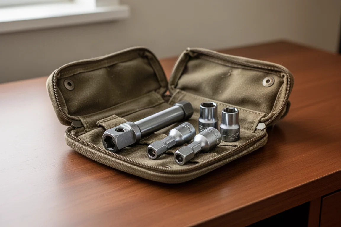 Pochette à outils compacte avec quelques douilles réversibles et un manche court pour le transport quotidien
