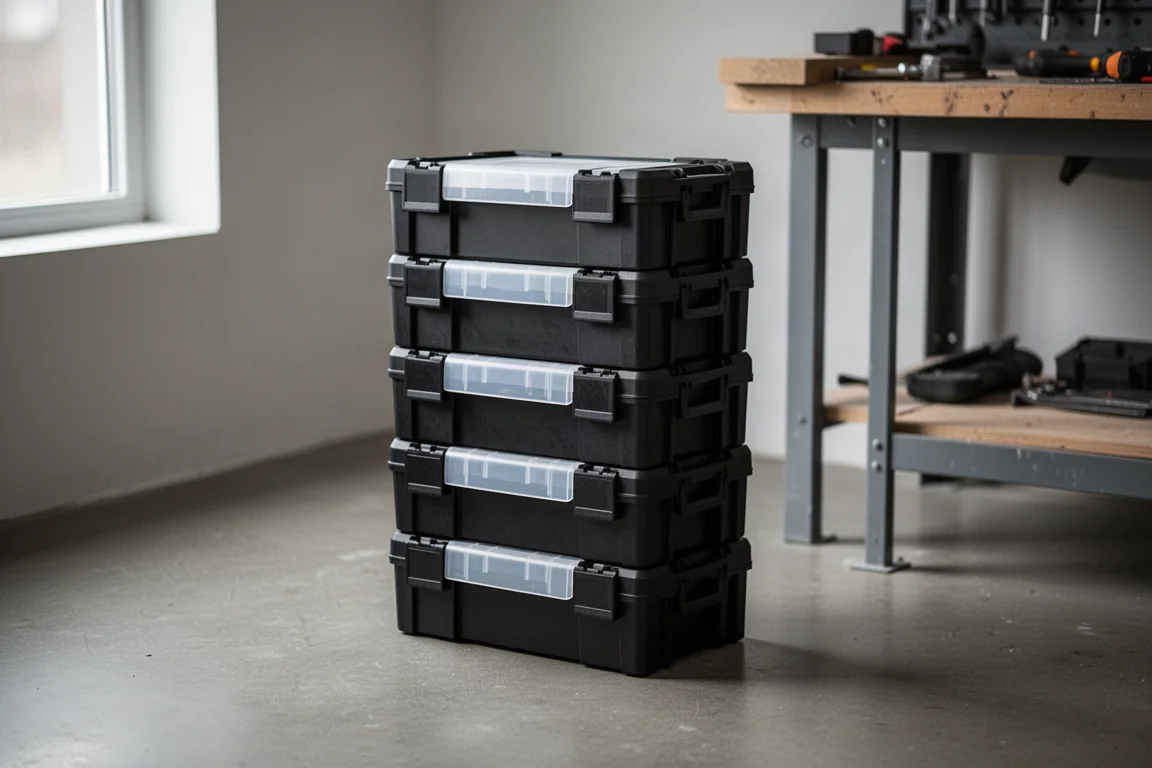 Stacked modular tool boxes interlocked on a workshop floor with translucent lids