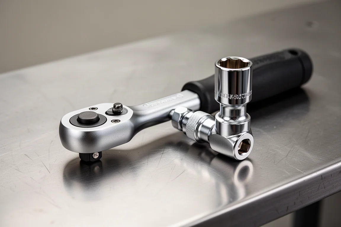 Low-profile ratchet connected to an adapter holding a socket on a workbench