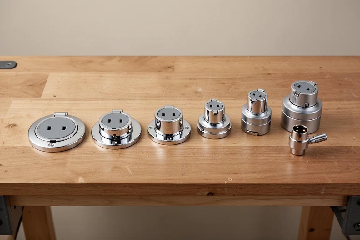 Flip socket set laid out on a wooden bench with visible size markings