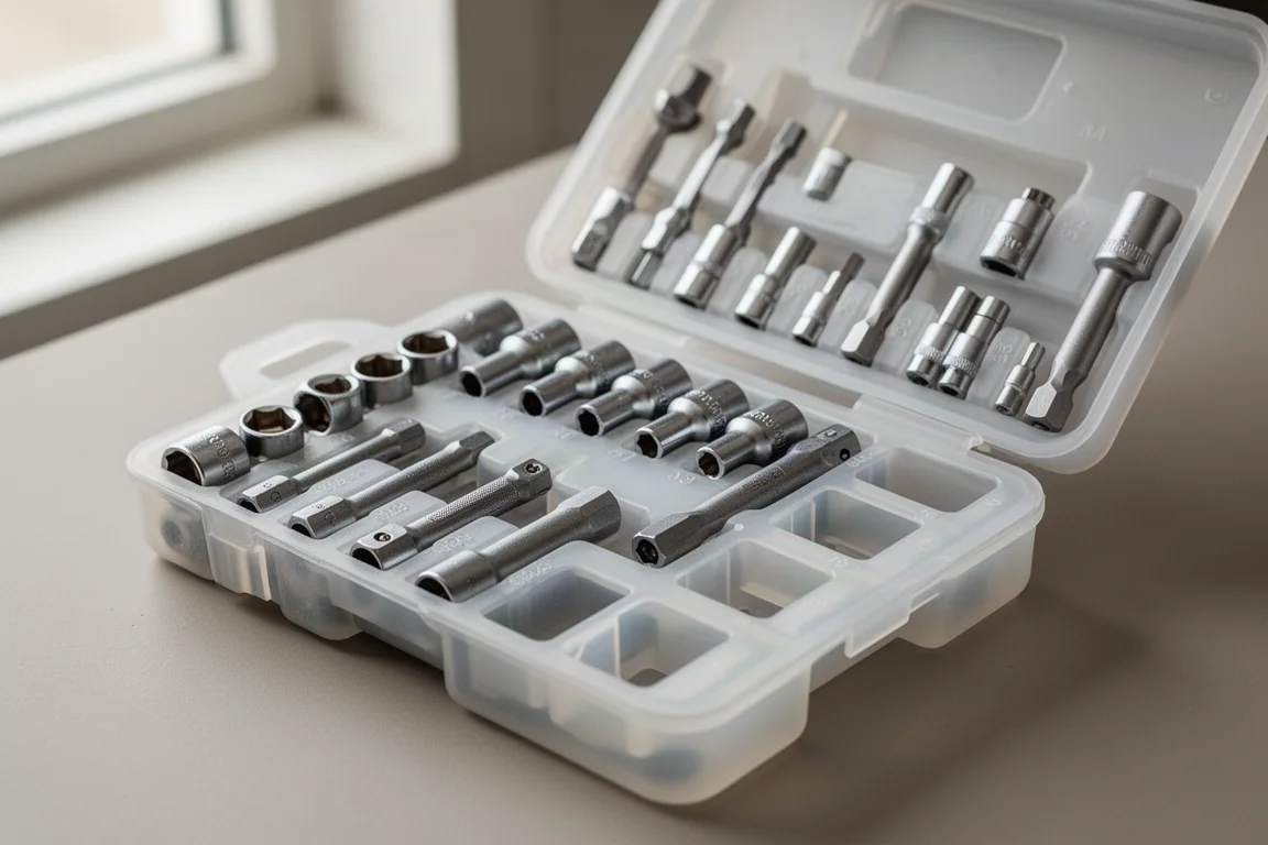 Open tool set tray showing snugly held sockets and see-through compartments