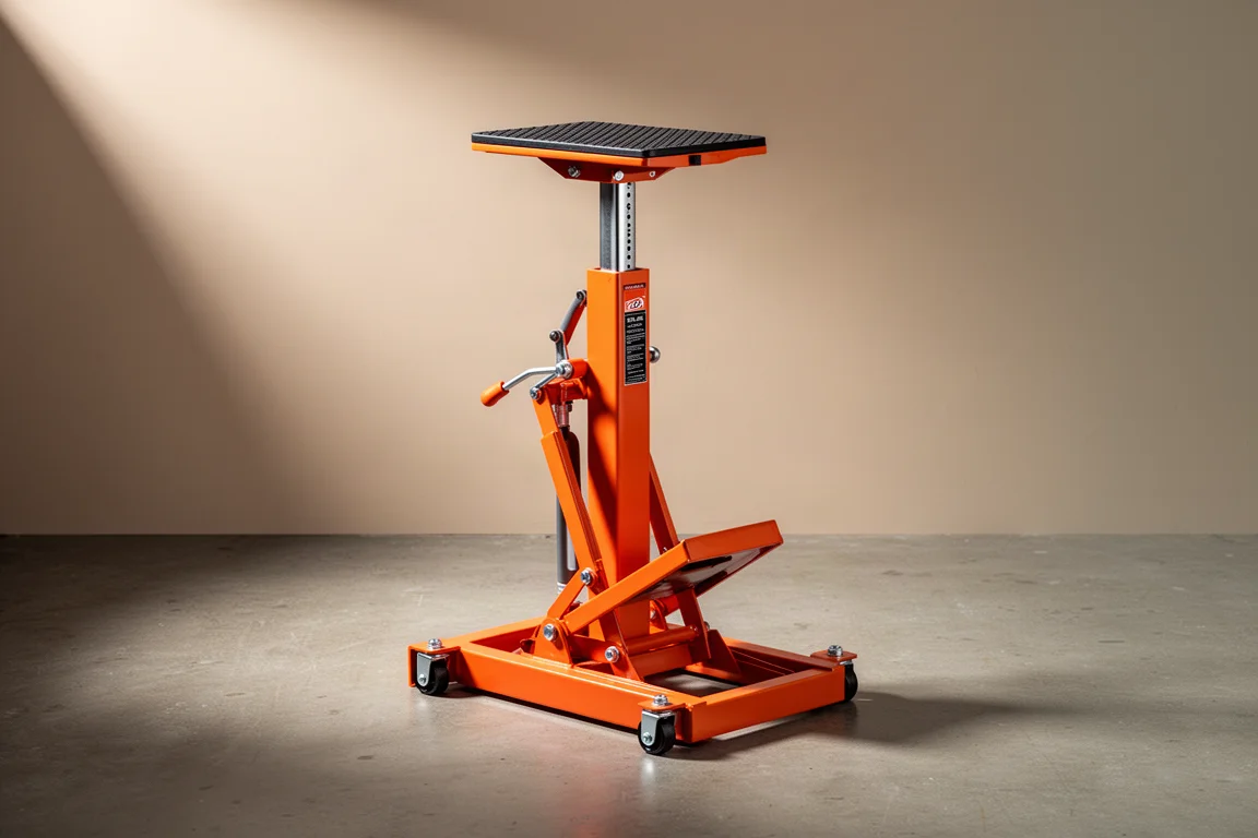 Klein orange steel construction jack with trigger lever on concrete floor