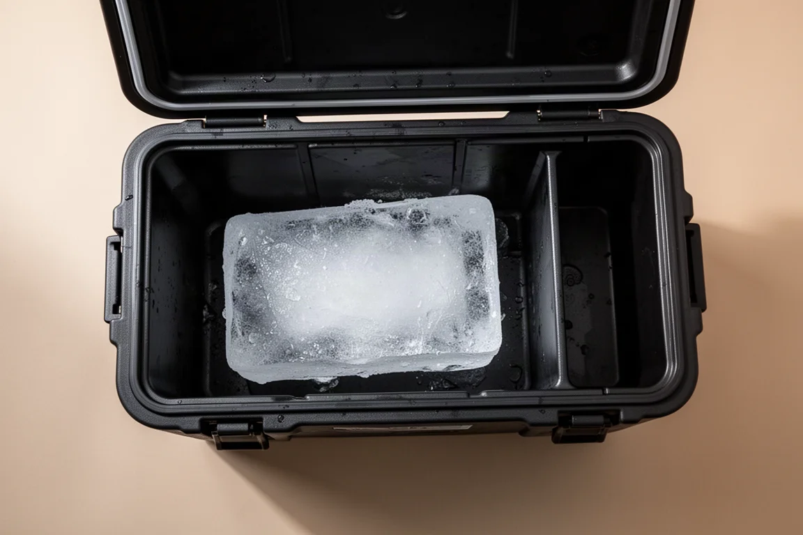 Öppen kylare som visar ett högt innerfack och en stor ispåse inuti
