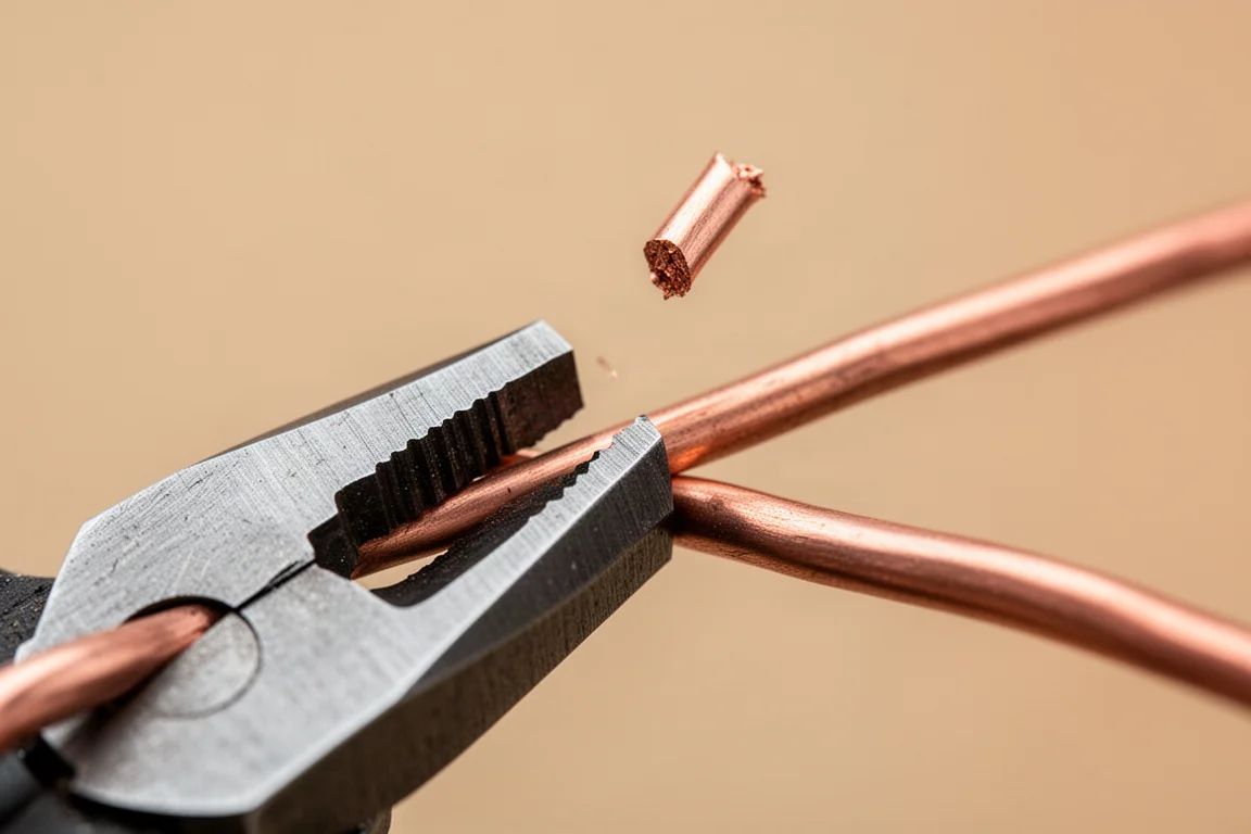 Close-up of diagonal cutter jaws slicing through copper wire