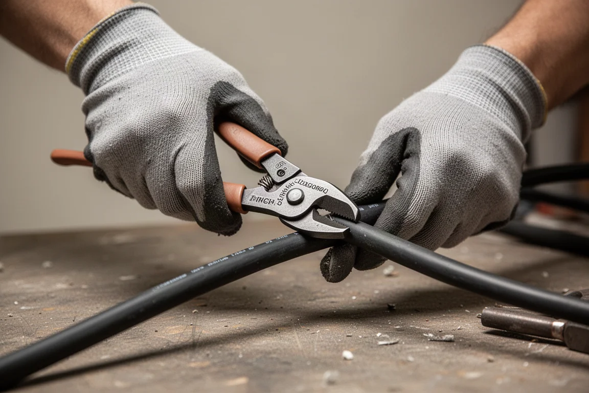 Hands squeezing diagonal cutters around a thick Romex cable
