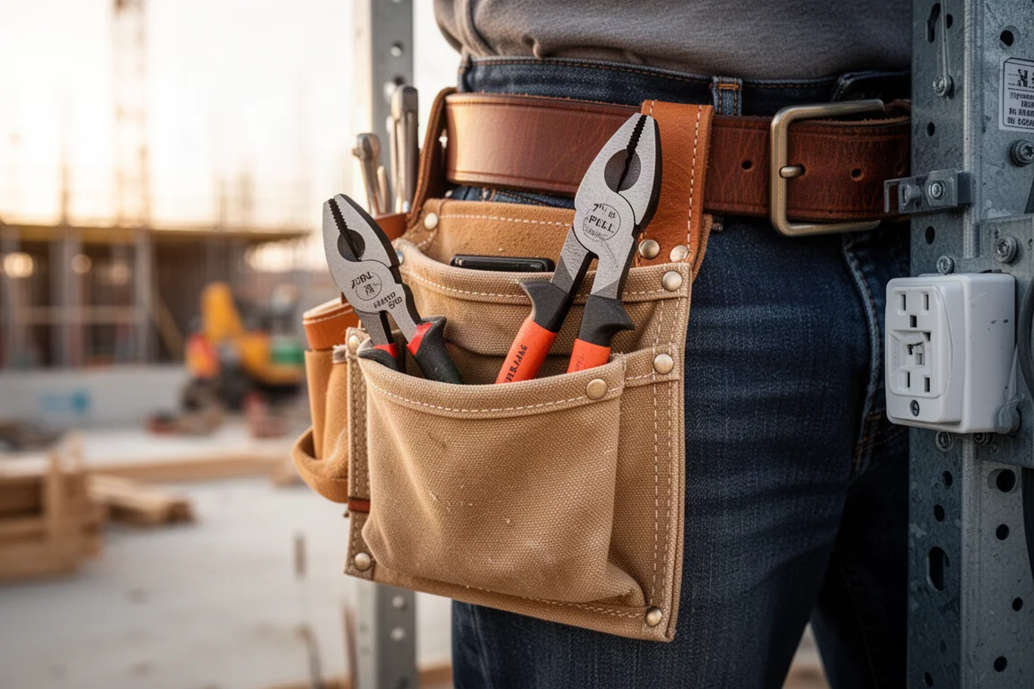 Electrician's tool pouch on a job site with pliers handle protruding