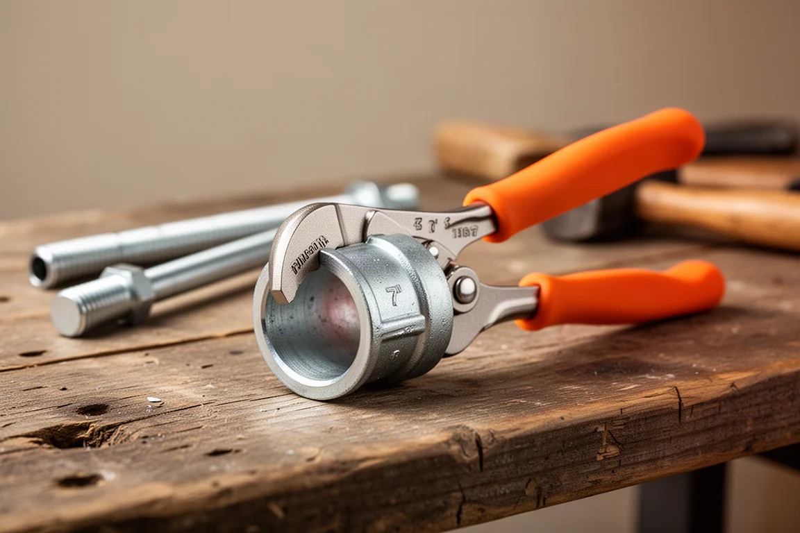 Szczypce pump pliers trzymające okrągłą stalową złączkę na stole warsztatowym
