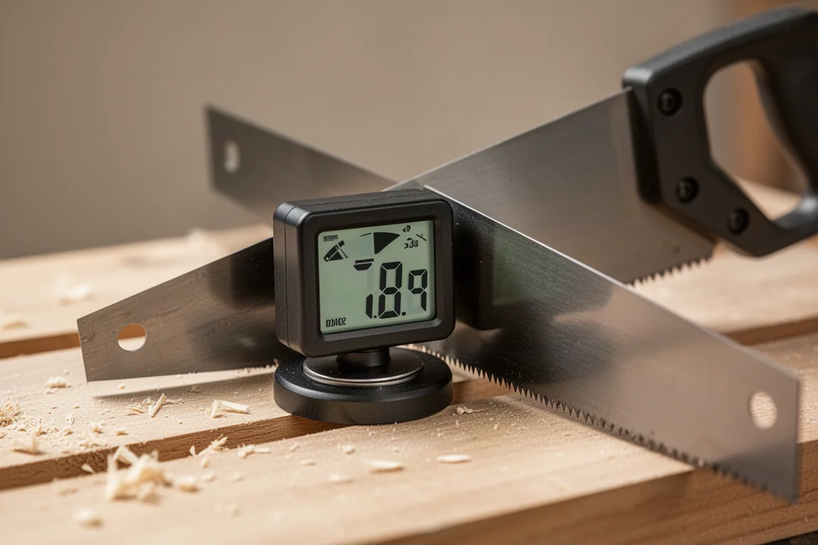 Small digital angle gauge resting on a metal saw blade to measure its angle