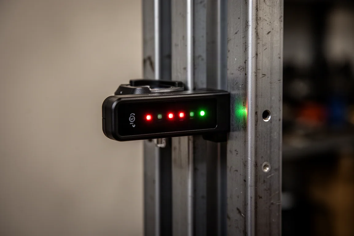 Close-up of a digital angle gauge edge lighting up red, orange, and green indicator lights