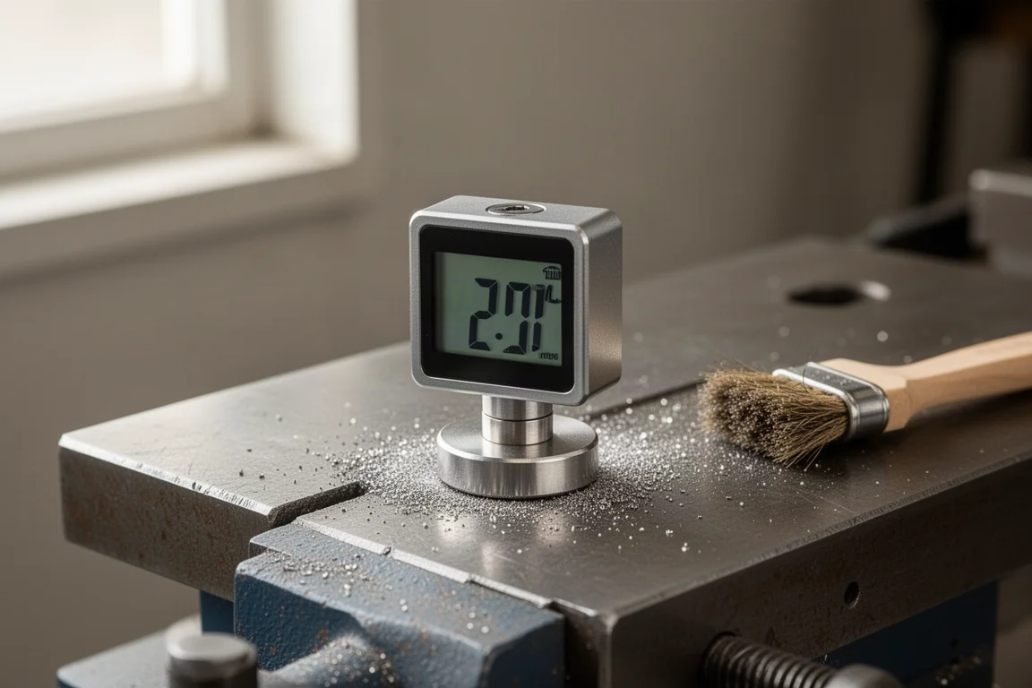 Strong magnet base of a digital angle gauge covered in metal filings on a workbench