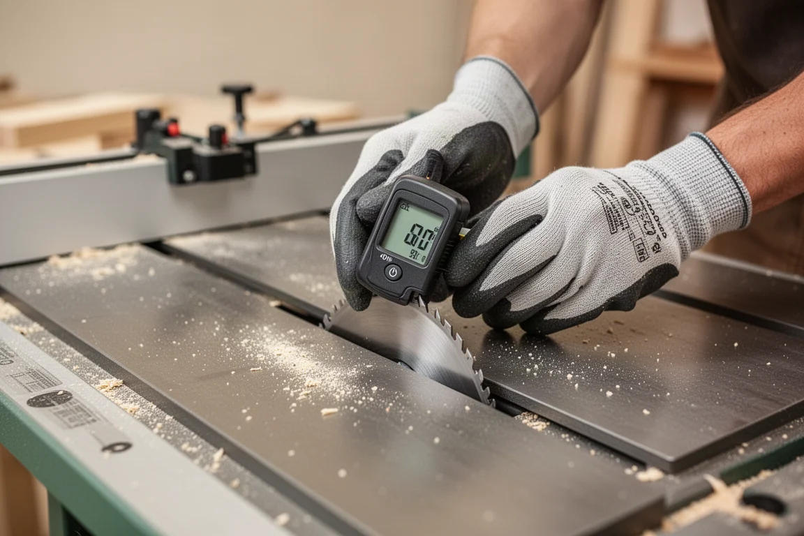 Woodworker checking the tilt angle of a table saw blade with a digital gauge