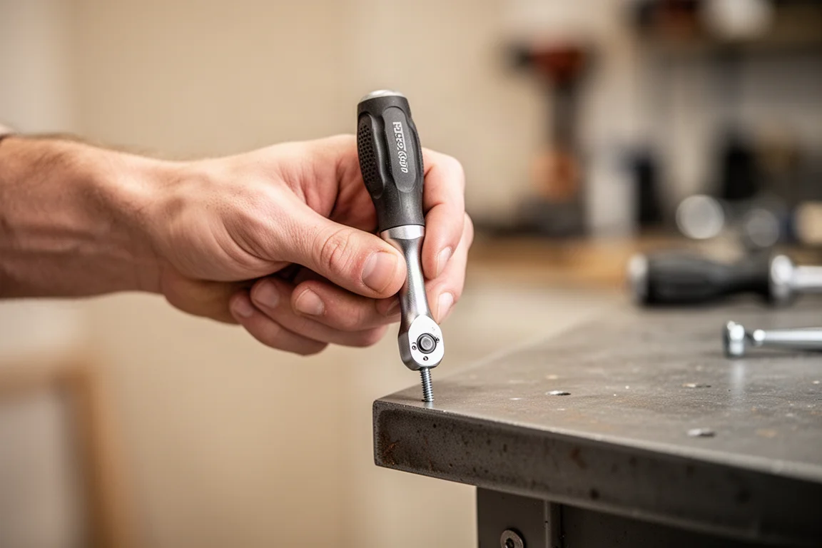 Händer använder en kompakt ratchet-drivare på en liten fäste