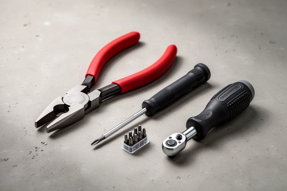 Klein long nose pliers, precision screwdriver, and mini ratchet arranged on concrete