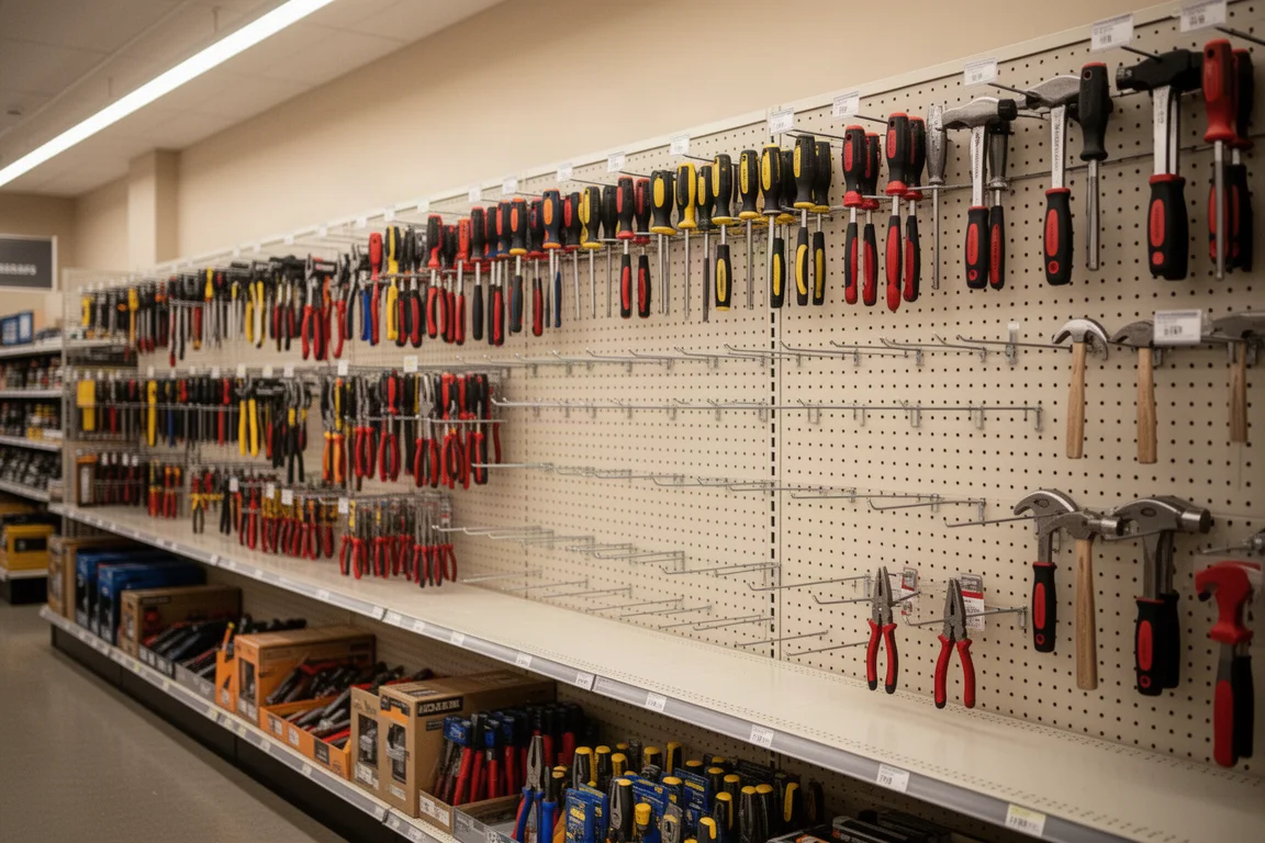 Aisle z narzędziami w markecie budowlanym z ekspozycjami narzędzi ręcznych