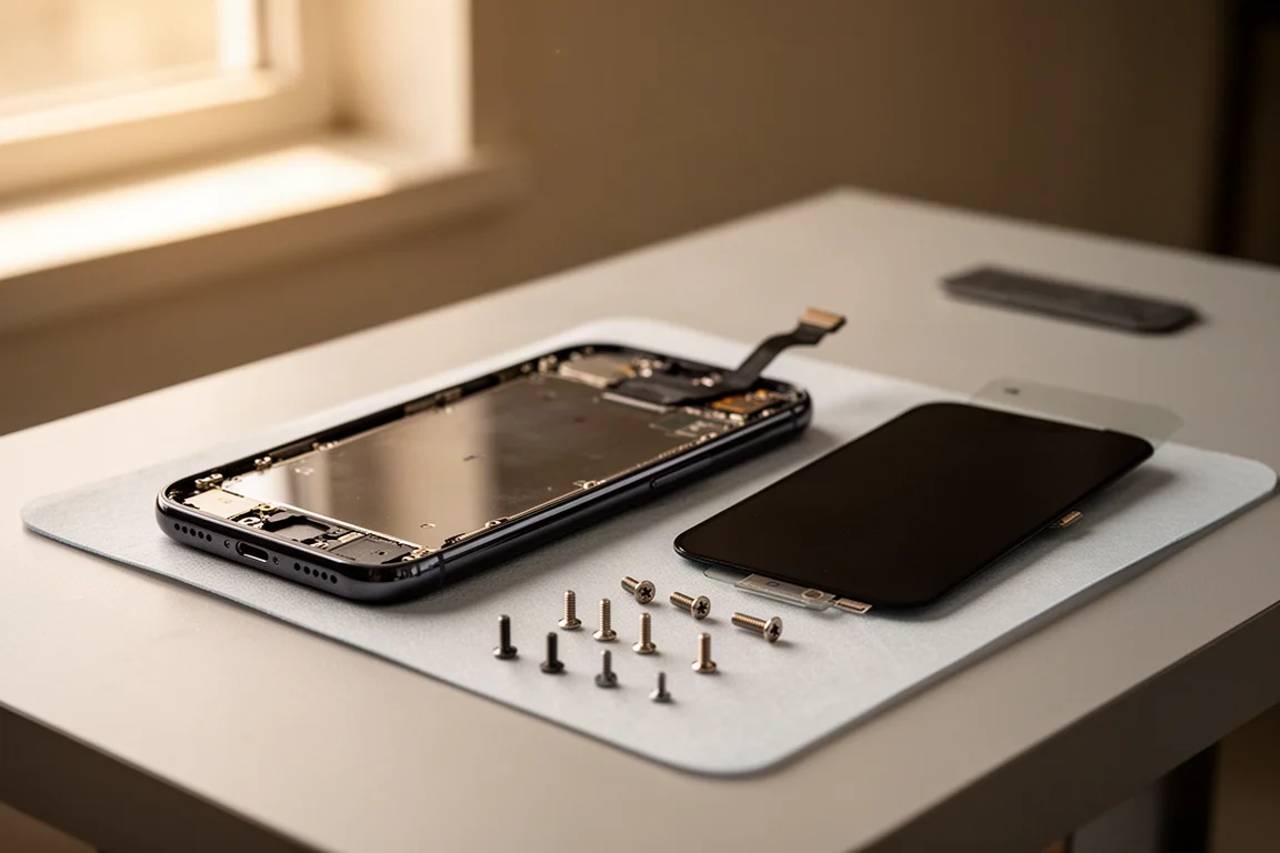 Broken iPhone screen resting on a workbench next to a replacement part