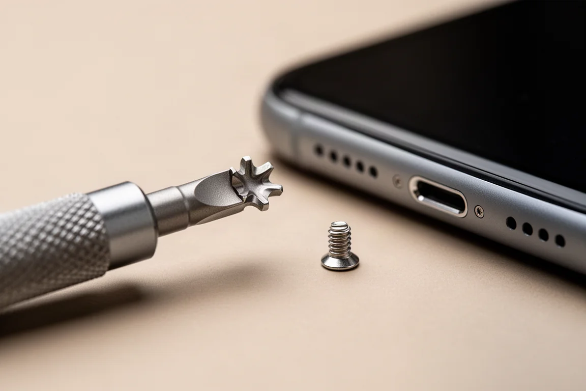 Close-up of a pentalobe screwdriver bit tip next to an iPhone charging port screw
