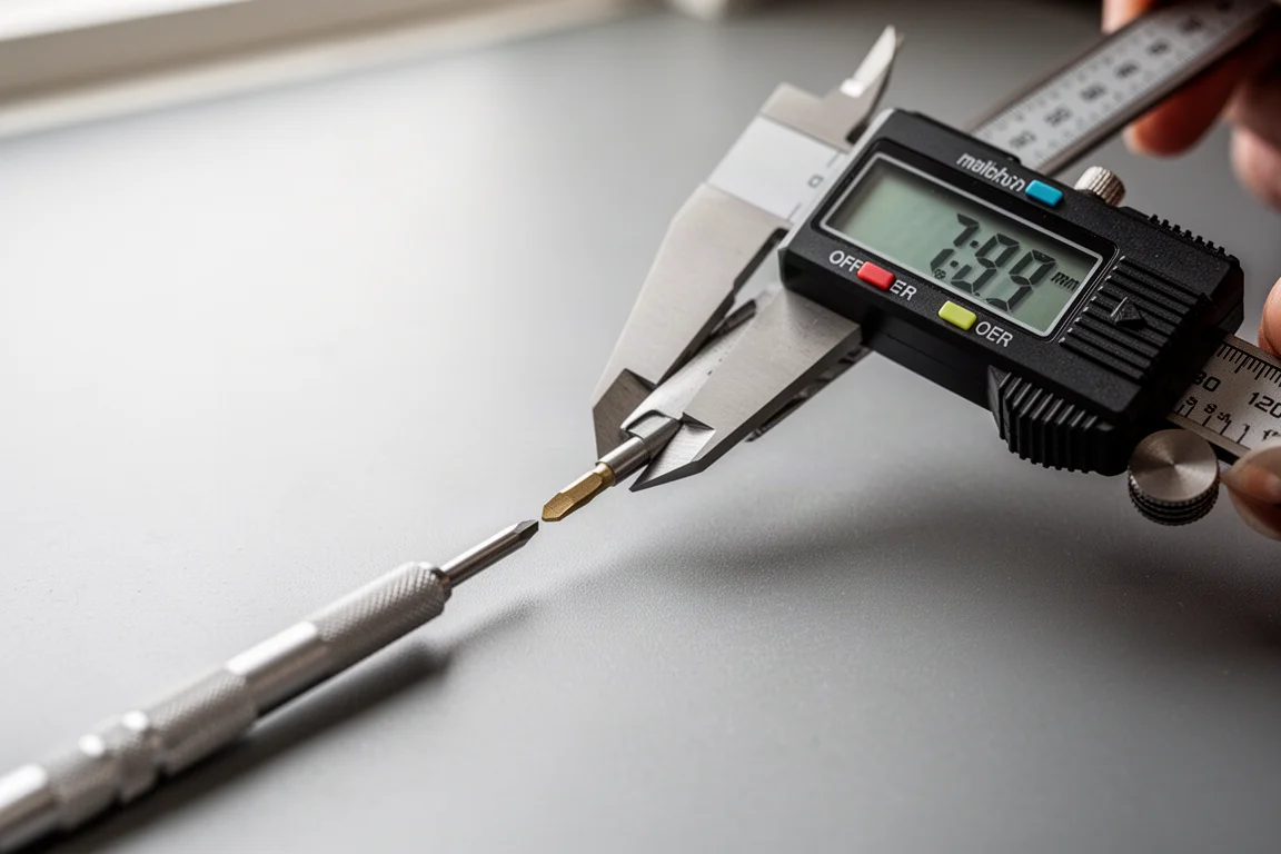 Digital caliper measuring the tip of a small screwdriver bit