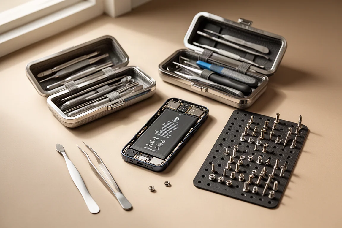 Electronics repair workspace with toolkits, phone parts, and organized screws