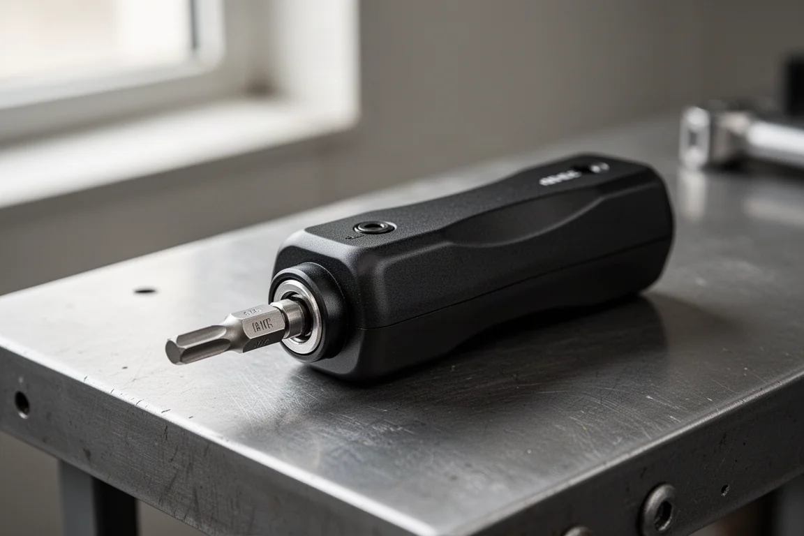 Compact micro ratchet handle with magnetic 1/4 inch hex port on a workbench