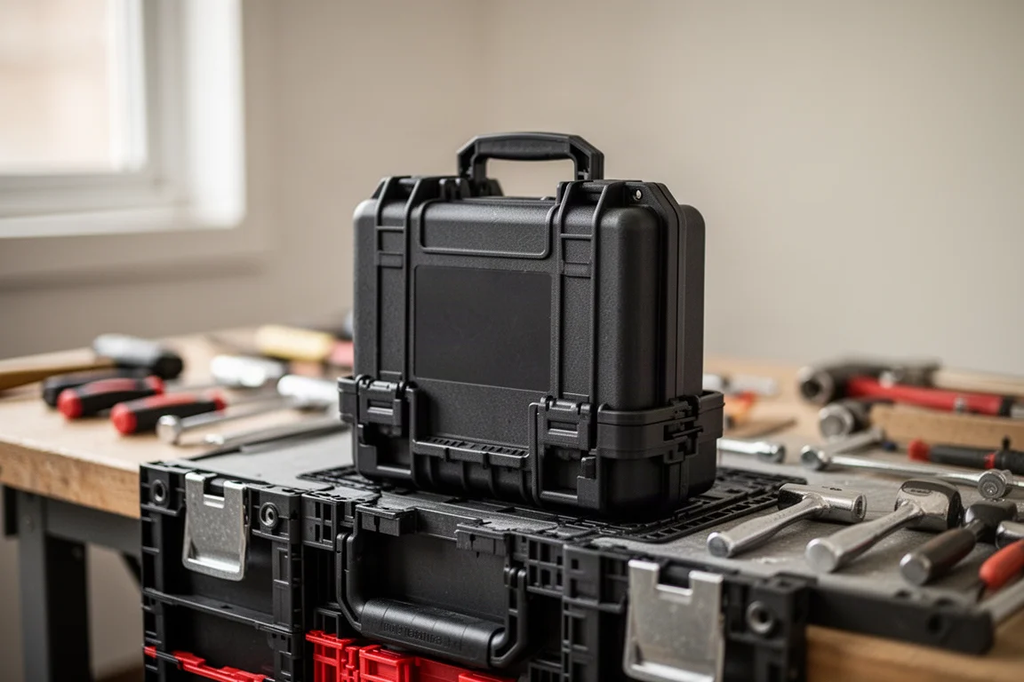 Compact tool kit case snapped into a modular tool box organizer