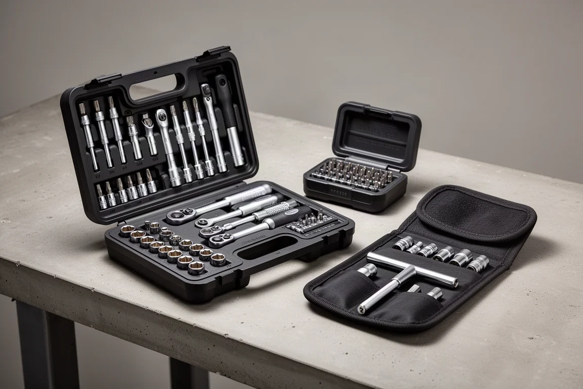 Three compact tool kits including a micro ratchet kit arranged on a workbench