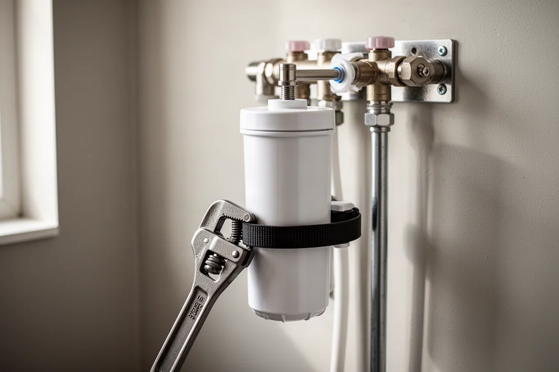 Corpo di un filtro ad acqua in fase di svitamento su un'installazione idraulica