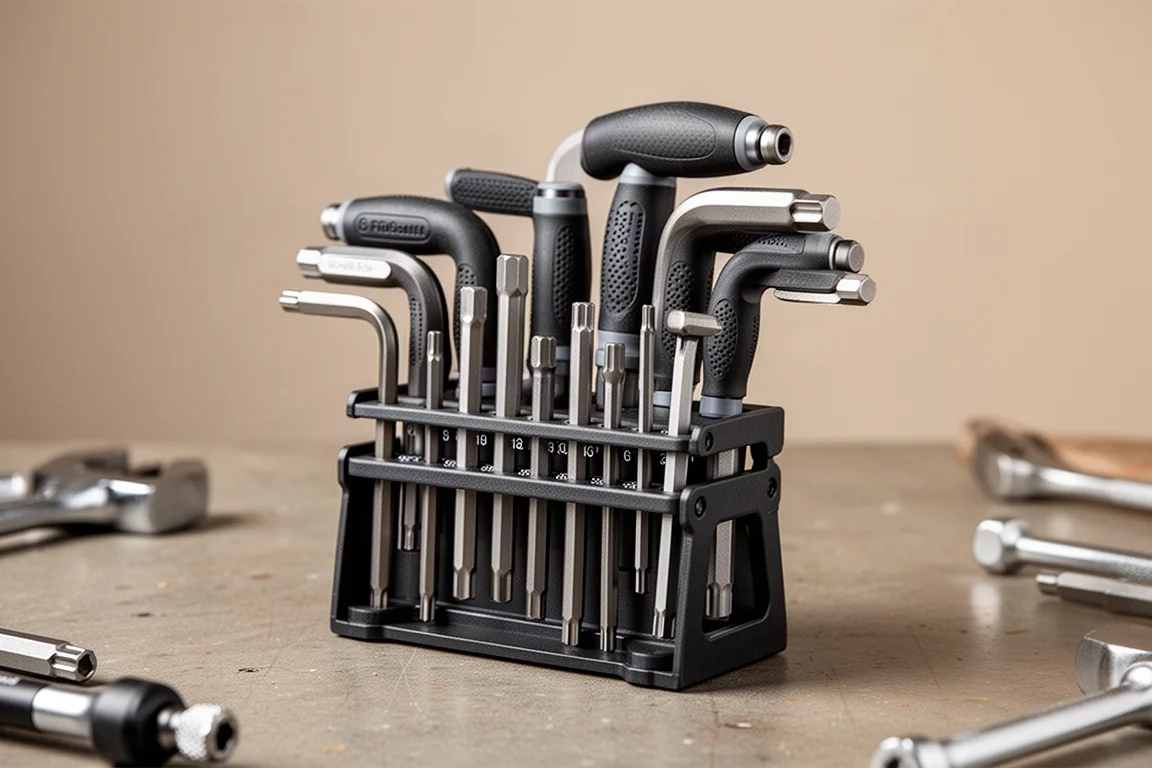 Nine hex L key sets arranged in rows on a matte concrete surface
