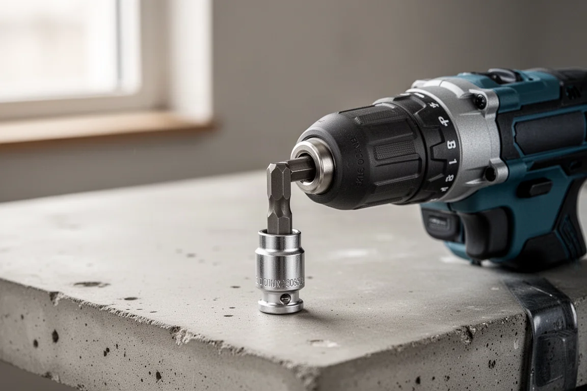 Quick-lock hex chuck of a cordless impact driver with a socket adapter inserted