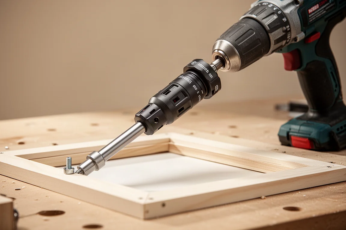 Impact driver with swivel adapter and long extension socket reaching a recessed fastener