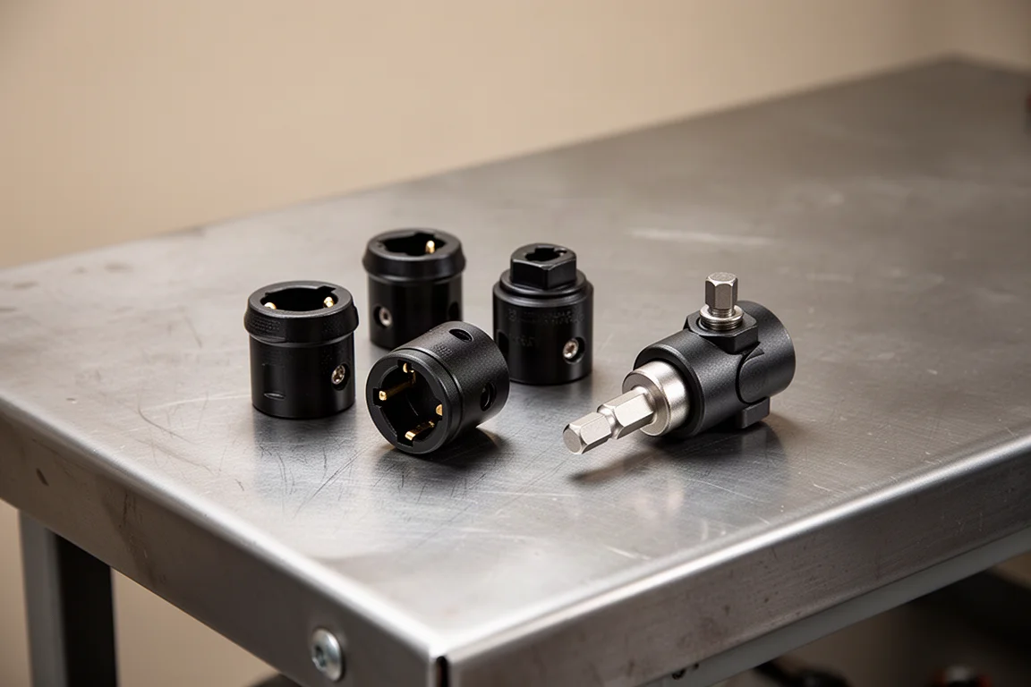 Zestaw impact flip socket ułożony z adapterem obrotowym na warsztacie