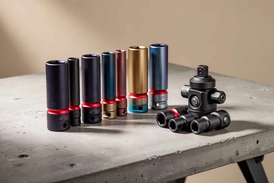 Zestaw magnetycznych nasadek Klein i zestaw impact flip socket na betonowym blacie warsztatu