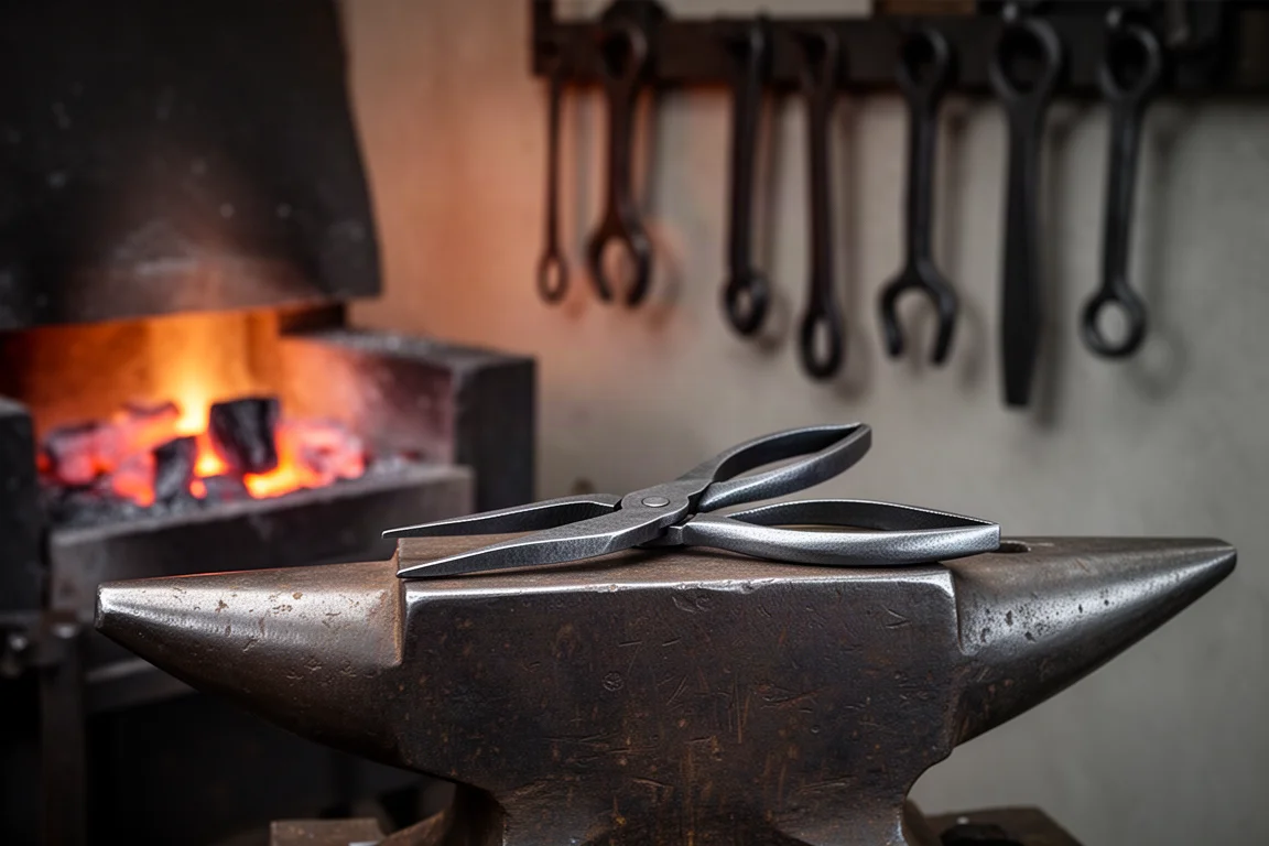 Scène de forge de forgeron de style vintage avec outils en acier sur une enclume