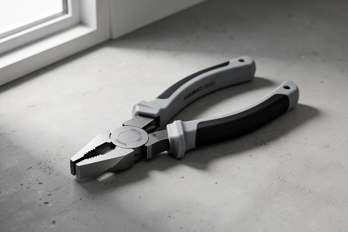 Klein 9-inch hybrid pliers with lineman-style jaws on a concrete surface