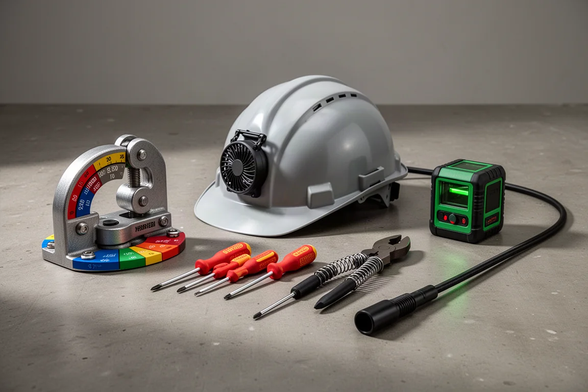 Assortment of Klein jobsite tools arranged on a concrete workshop surface