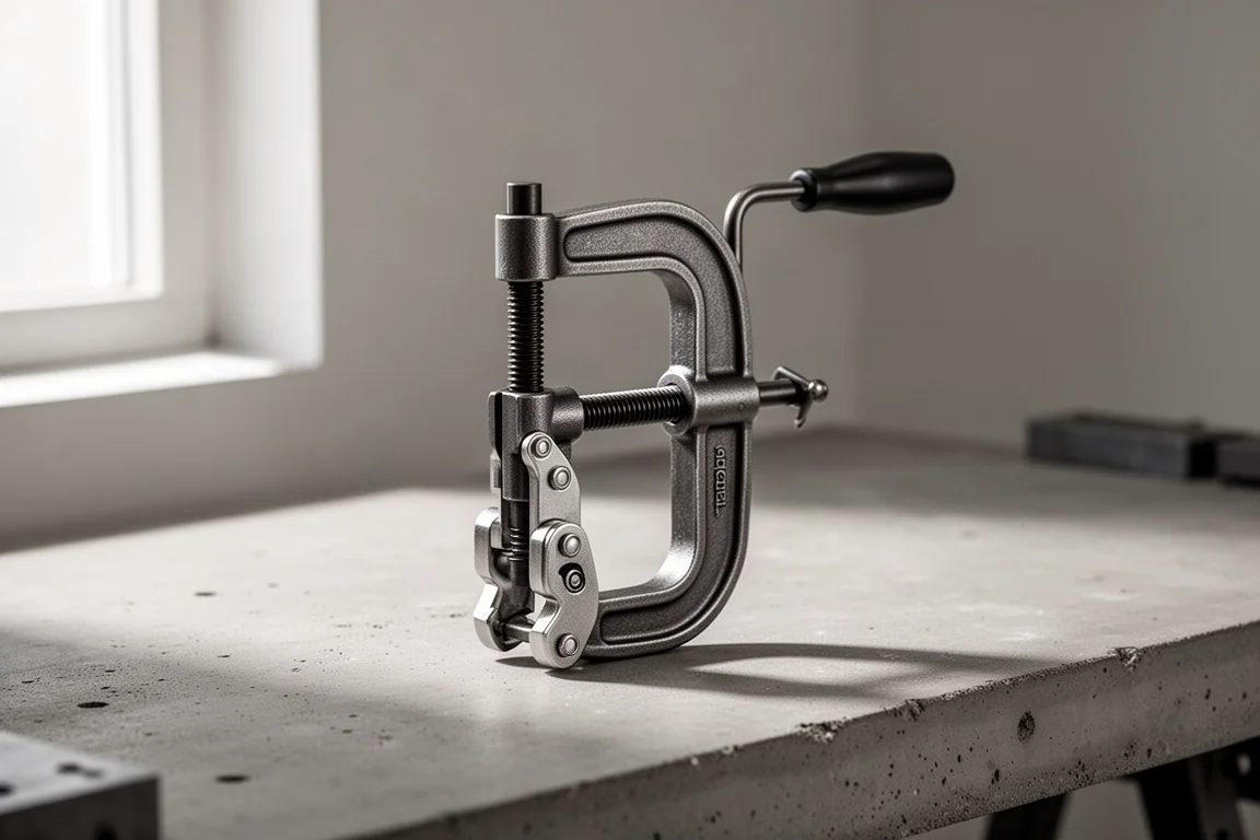 Klein Locking C Clamp 38620 z obrotowymi szczękami na betonowym stole warsztatowym