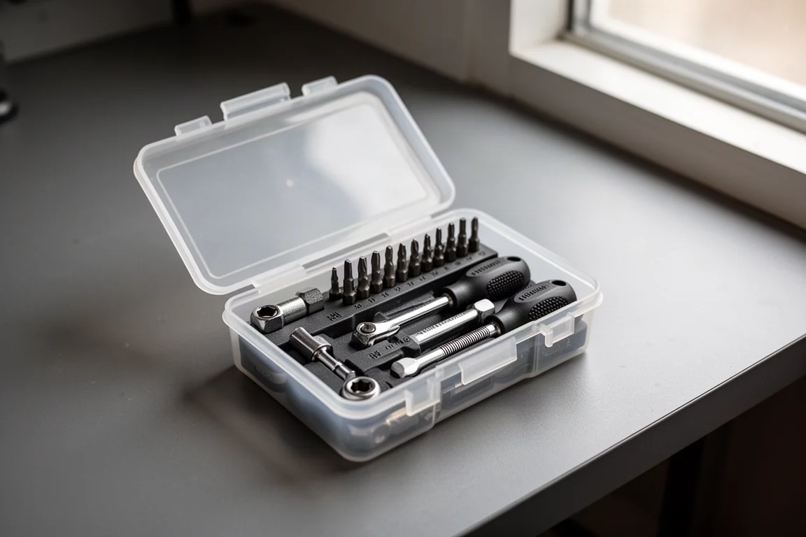 Small translucent tool organizer box open on a workbench showing compact tools inside