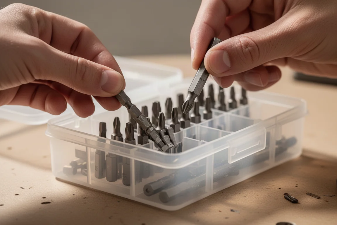 Fingers flipping up a removable bit row in a tool organizer