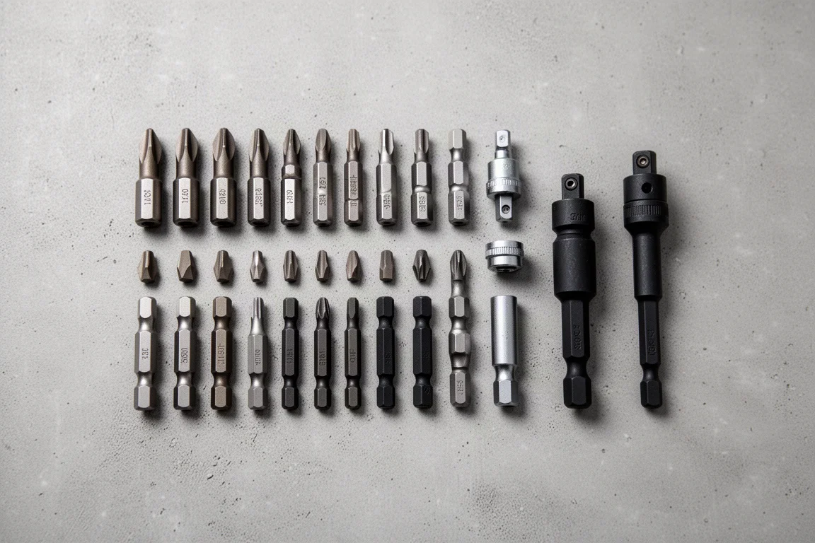 Rows of impact bits and drill bits laid out neatly on a grey surface