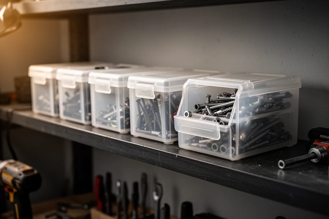 Compact tool organizer boxes lined up on a workshop shelf