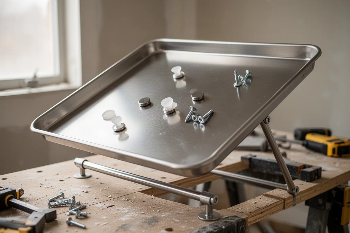 Stahl-Arbeitsplatte schräg wie ein Zeichenbrett aufgestellt, mit magnetischem Zubehör befestigt