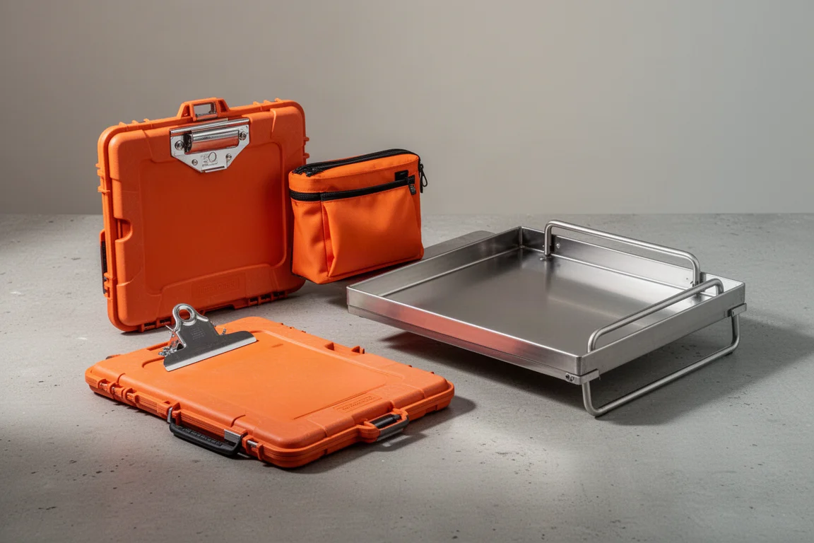 Klein Mod Box clipboard and stainless steel tray worktop on a concrete surface
