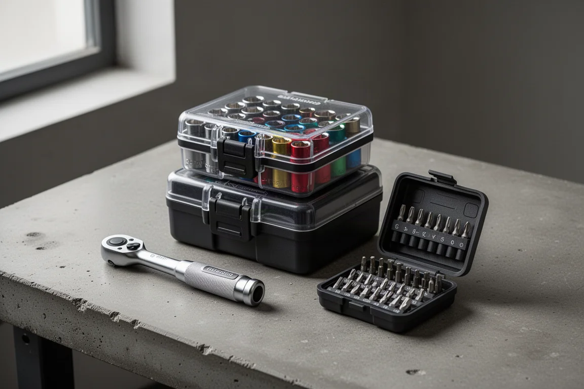 Valigie di attrezzi Klein Mod Box con bussole e un cacciavite a cricchetto su una superficie in cemento