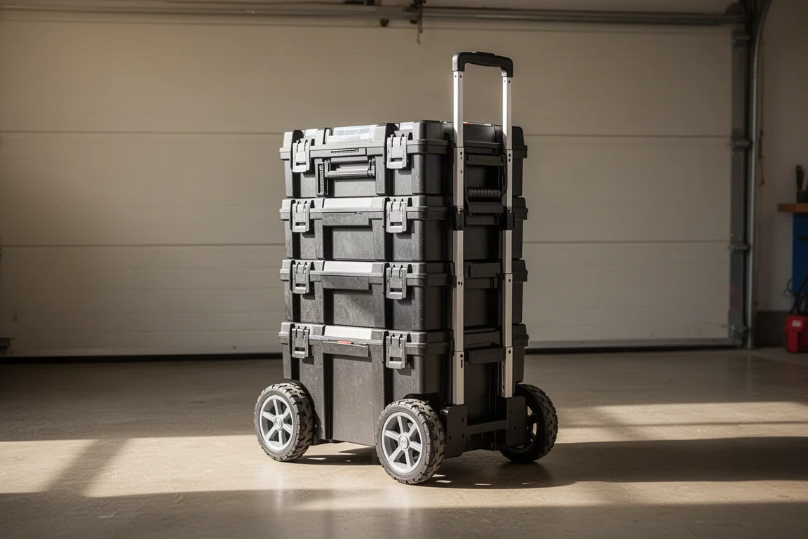 Valigie portautensili modulari impilate sul pavimento di un'officina sotto luce naturale