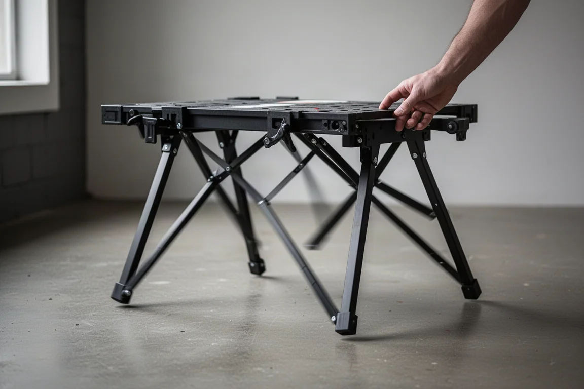 Folding workbench being set up one-handed in a home workshop