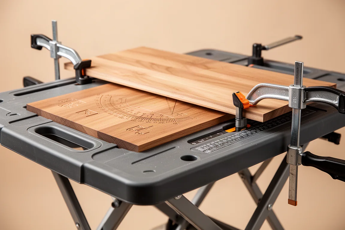 Clamped board held in the workbench top cutouts