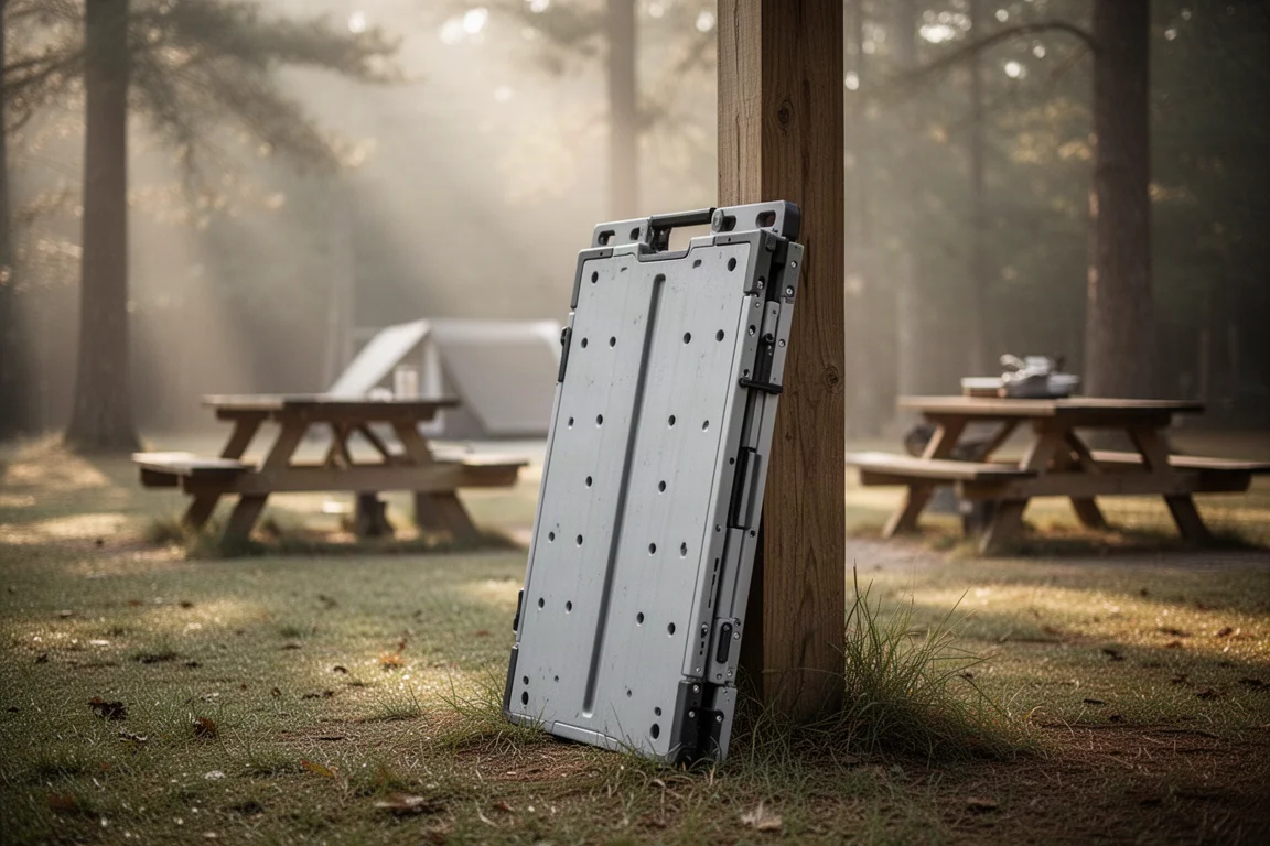 Folding workbench packed up next to camping gear outdoors