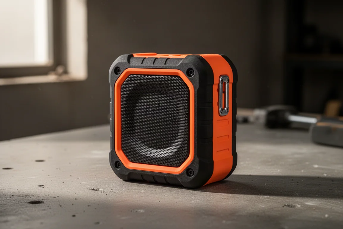 Kompaktowy pomarańczowy wytrzymały głośnik Bluetooth na betonowej powierzchni warsztatu